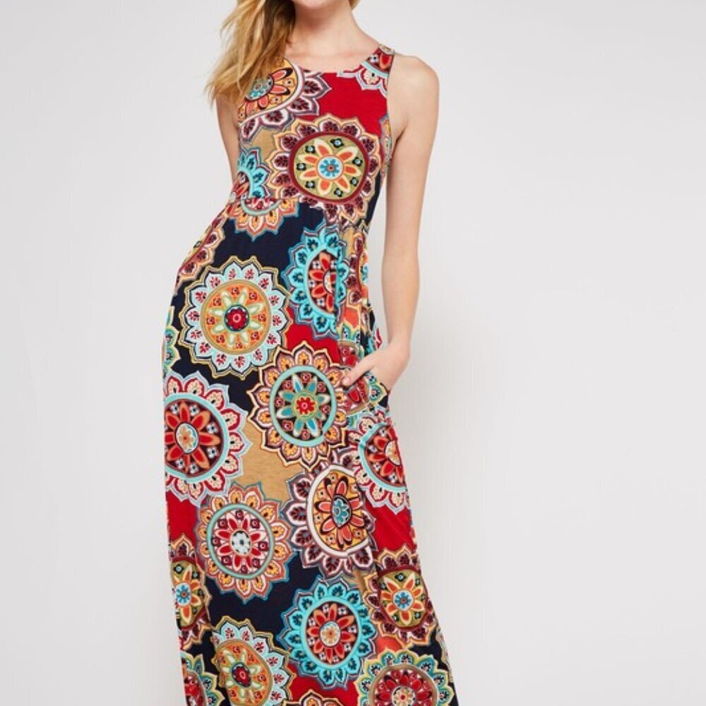 Bohemian Racer-Back Tank Multi-color Navy Red Flower Medallion Maxi Dress XL - Picture 12 of 12